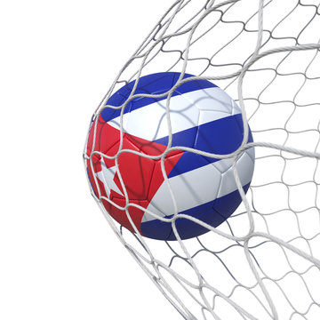 Cuba Cuban flag soccer ball inside the net, in a net.