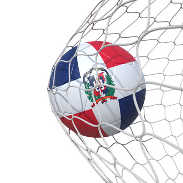Dominican Republic flag soccer ball inside the net, in a net.