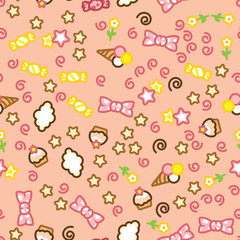 Multicolored candy, ice cream, cake, star, flower and cloud doodle pattern.