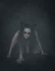 Obraz na płótnie Canvas Terrible ghost with horns crawl on dark