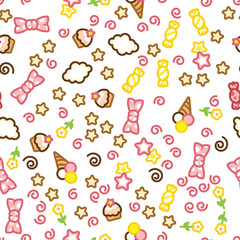 Multicolored candy, ice cream, cake, star, flower and cloud doodle pattern.