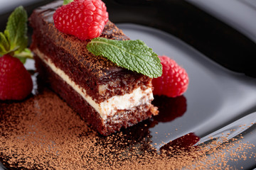 Chocolate cake with raspberry and mint .