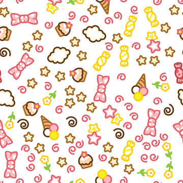 Multicolored candy, ice cream, cake, star, flower and cloud doodle pattern. © babushka_p90