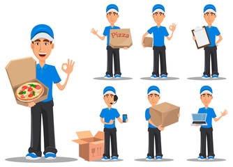 Smiling delivery man in blue uniform, set