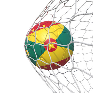 Grenada Grenadian flag soccer ball inside the net, in a net.
