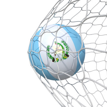 Guatemala Guatemalan flag soccer ball inside the net, in a net.