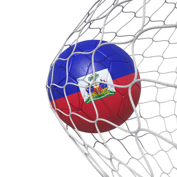 Haiti Haitian flag soccer ball inside the net, in a net.