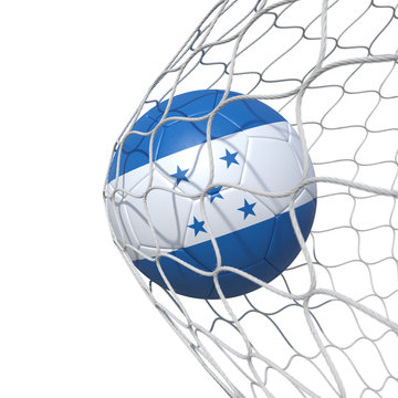 Honduras Honduran flag soccer ball inside the net, in a net.