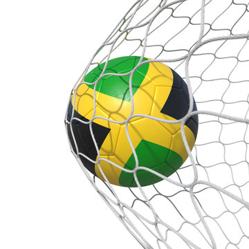 Jamaica Jamaican flag soccer ball inside the net, in a net.