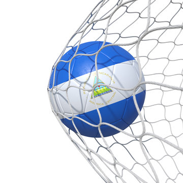Nicaragua Nicaraguan flag soccer ball inside the net, in a net.
