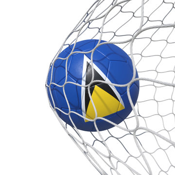 Saint Lucia flag soccer ball inside the net, in a net.