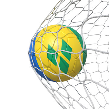 Saint Vincent and the Grenadines flag soccer ball inside the net, in a net.