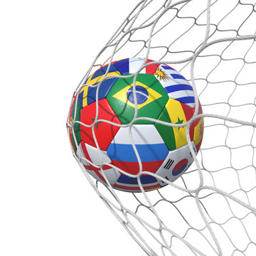 Countries national Portugal Morocco  flags soccer ball inside the net, in a net.