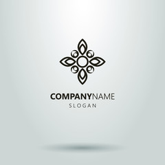 black and white abstract flower logo with four petals in the form of a cross