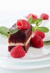 Chocolate cake with raspberry and mint.