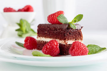 Chocolate cake with raspberry and mint.