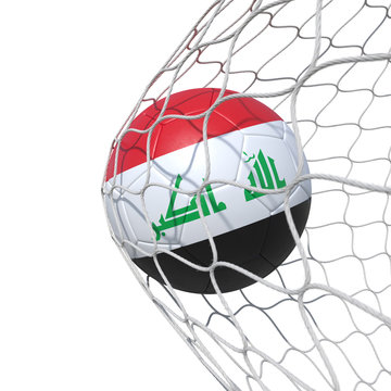 Iraq Iraqi flag soccer ball inside the net, in a net.