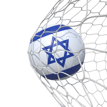 Israel Israeli flag soccer ball inside the net, in a net.