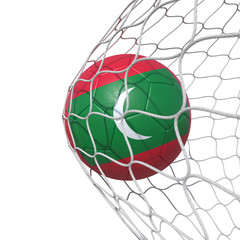 Maldivian Maldives flag soccer ball inside the net, in a net.