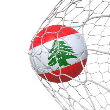 Lebanon Lebanese flag soccer ball inside the net, in a net.