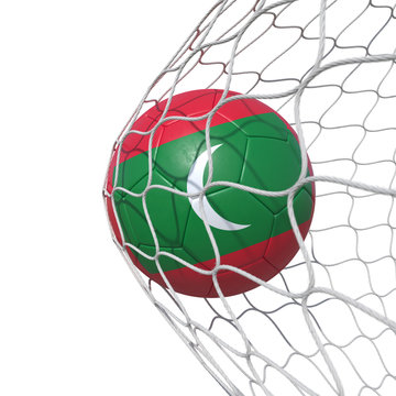 Maldivian Maldives flag soccer ball inside the net, in a net.