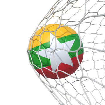 Myanmar flag soccer ball inside the net, in a net.