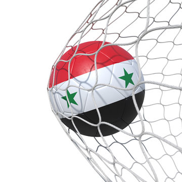 Syrian Syria Old flag soccer ball inside the net, in a net.