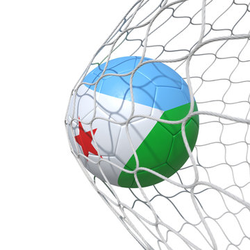 Djibouti Djiboutian flag soccer ball inside the net, in a net.