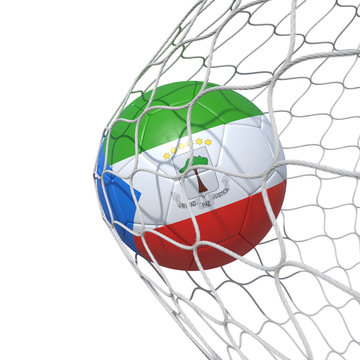 Equatorial Guinea Guinean flag soccer ball inside the net, in a net.