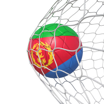 Eritrea Eritrean flag soccer ball inside the net, in a net.