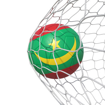 Mauritania Mauritanian flag soccer ball inside the net, in a net.