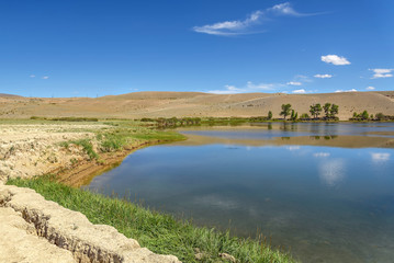 lake steppe mountains sky clouds