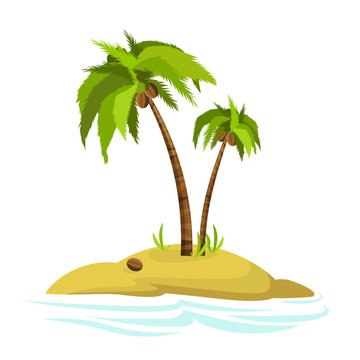 Illustration of a palm tree on an island. Decorative palm tree isolated on white background. Vector. Icon.