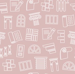 Decoration materials, construction, seamless pattern, outline drawing, pink, vector. Finishing of premises and buildings. Plain, flat background. Linear white pattern on a pink field.  