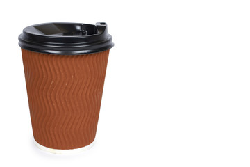 Take out coffee in thermo cup. Isolated on a white background. Disposable container, hot beverage. copy space, template