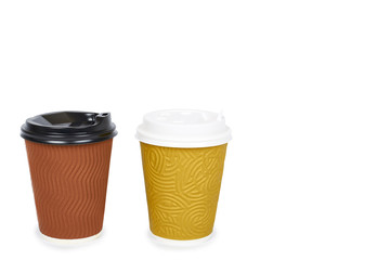 Two take out coffee in thermo cup. Isolated on a white background. Disposable container, hot beverage. copy space, template