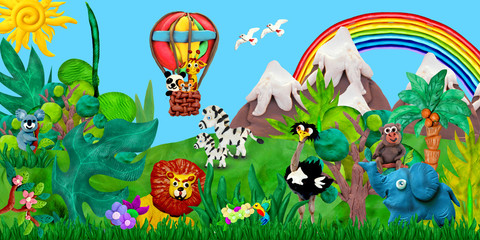 Traveling  by airballoon Zoo animals 3D rendering children banner illustration   © onanana