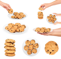 Set of chocolate chip cookie, woman hand, isolated on white background.