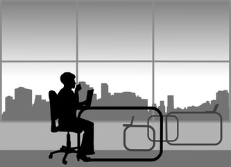 Lovely elderly woman drinks coffee and reads the newspaper on the break in the office, one in the series of similar images silhouette