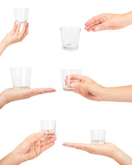 set of different female hand holding transparent glass cup. Isolated on white background