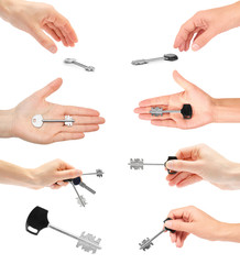 set of different female hand takes or gives key. Isolated on white background