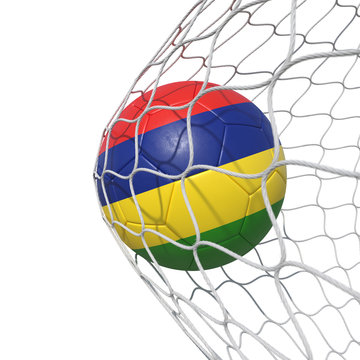Mauritius Mauritians flag soccer ball inside the net, in a net.