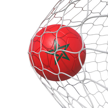 Morocco Moroccan flag soccer ball inside the net, in a net.