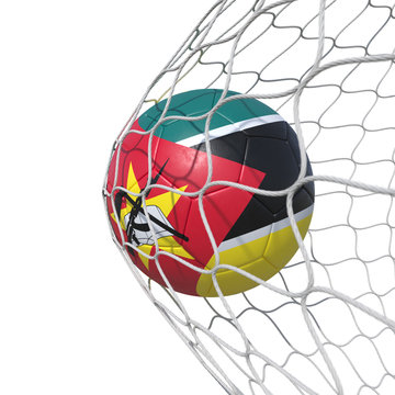 Mozambique Mozambican flag soccer ball inside the net, in a net.