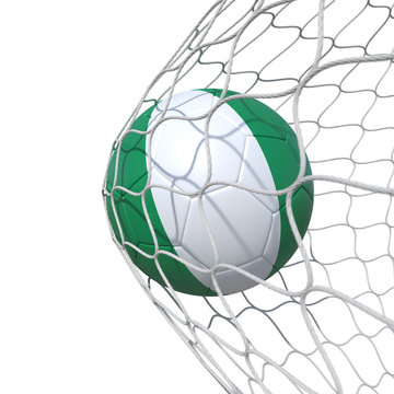 Nigeria Nigerian flag soccer ball inside the net, in a net.
