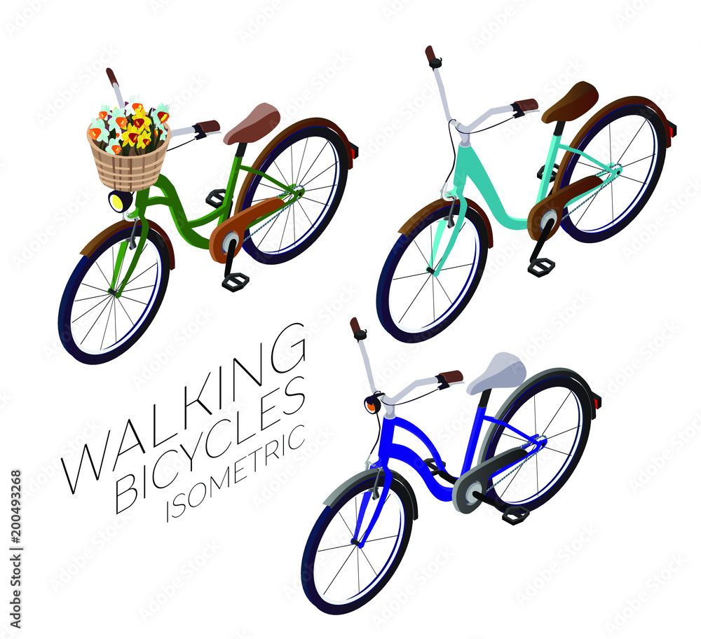 Wall mural set of urban walking bicycles. isometry 3d