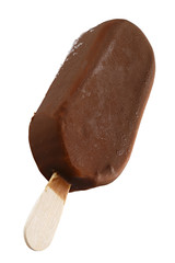 Ice cream in chocolate glaze  on a wooden stick. Sweet dessert for the summer is photographed close-up. Isolated on white background.