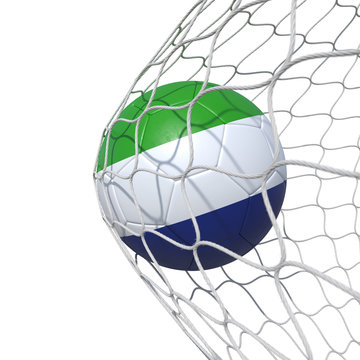 Sierra Leone flag soccer ball inside the net, in a net.