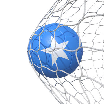 Somalia Somali flag soccer ball inside the net, in a net.