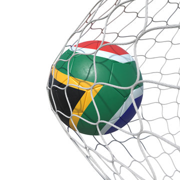 South Africa South African flag soccer ball inside the net, in a net.